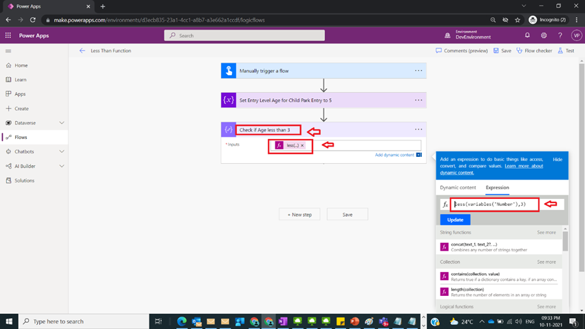 Usage of Less Than Function in Power Automate